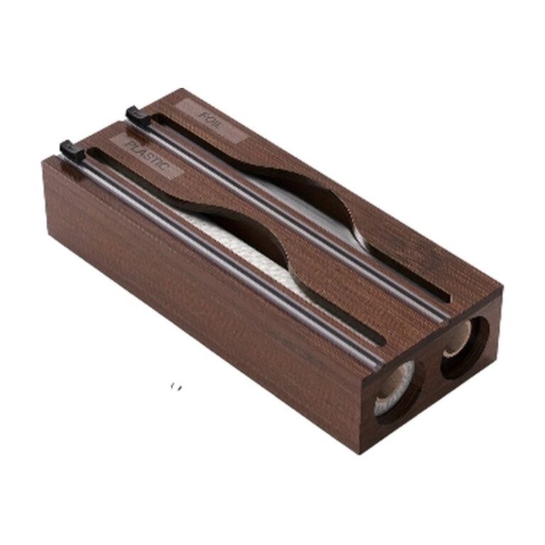 Bamboo Film Dispenser in Black, White and Brown with Cutters and Two Compartments for Organised Storage