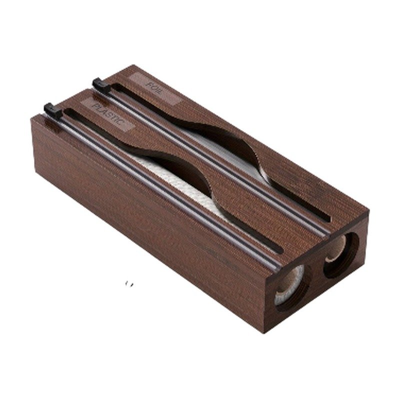 Bamboo Film Dispenser in Black, White and Brown with Cutters and Two Compartments for Organised Storage