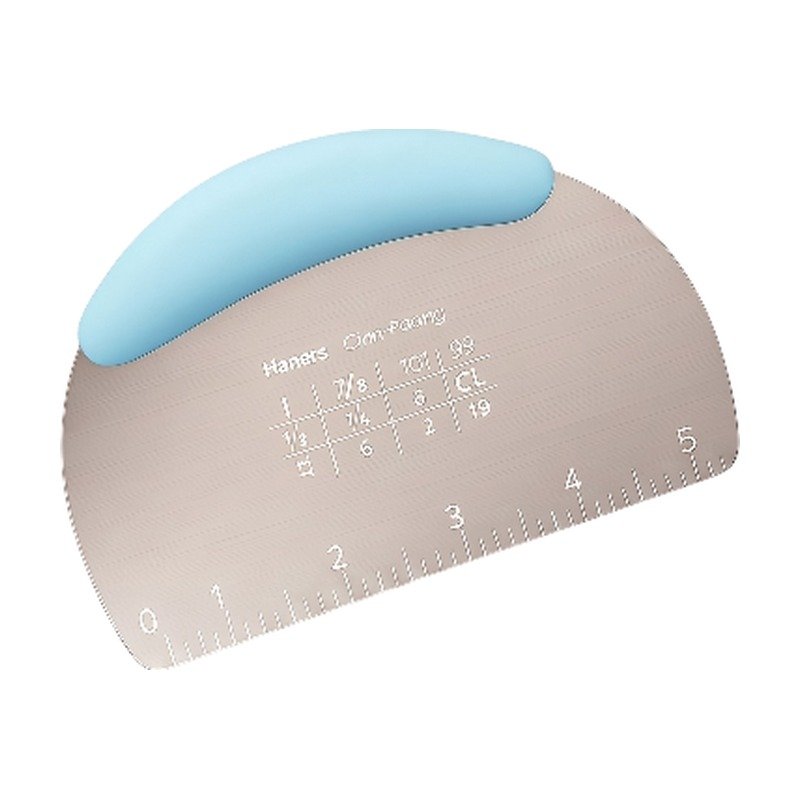 Dough Scraper in Stainless Steel with Ergonomic Grip and Measurement Scale in Blue, Green, Yellow, Red and Black