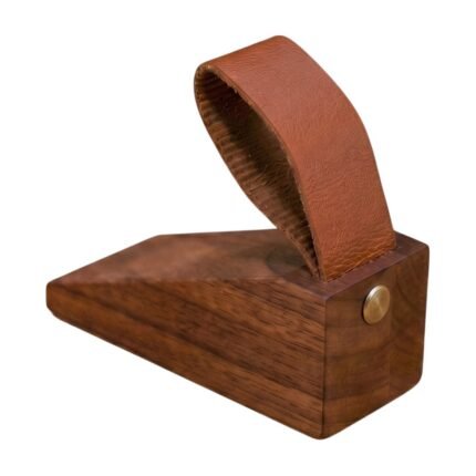 Door Stopper in Solid Wood with Leather Strap and Non-Slip Base to Hold Doors Open