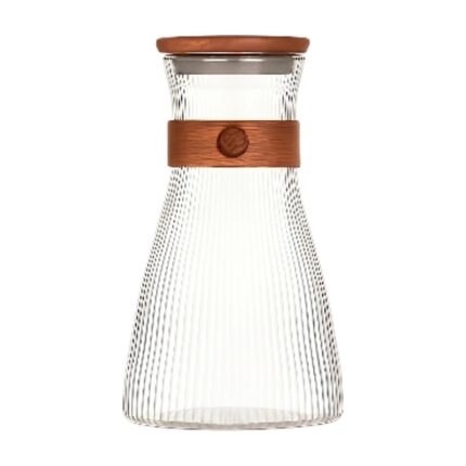 Glass Carafe with Wooden Details – Ribbed Design with Lid for Stylish Serving and Decorative Storage