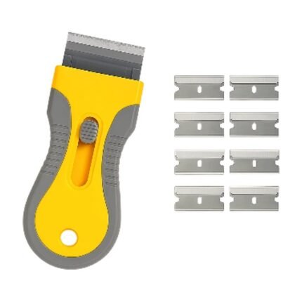 Glass Scraper with Ergonomic Handle in Orange or Yellow for Glass Cleaning with Replaceable Blades