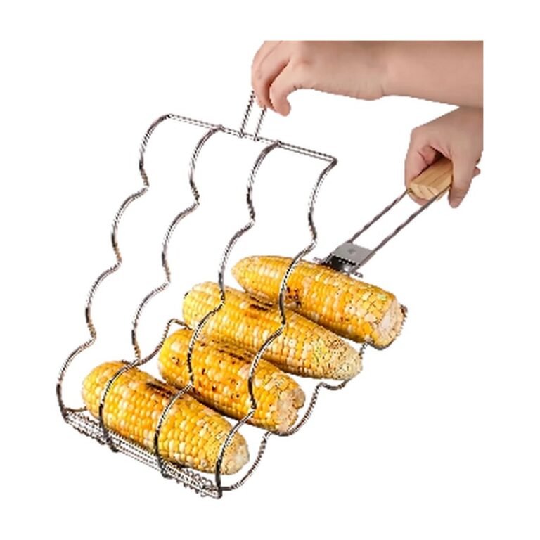 Grill Basket for Sausages with Even Heat Distribution and Wooden Handle for Easy Turning on the Grill