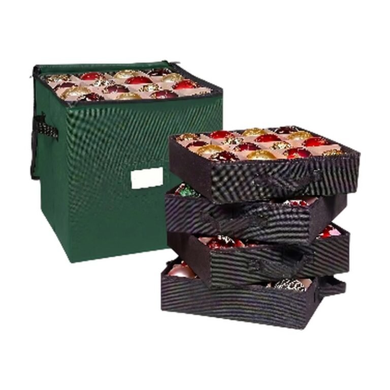 Storage Box for Christmas Decorations in Green and Red with Removable Trays and Space for 64 Christmas Baubles