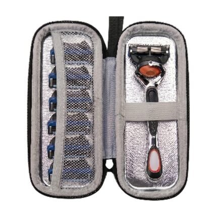 Storage Box for Razor in Navy Blue and Grey with Space for Handle and Extra Blades