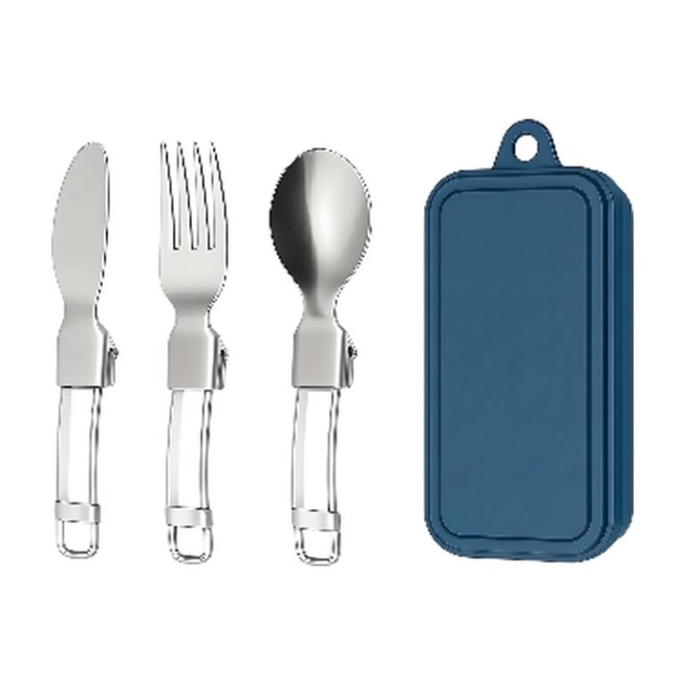 Cutlery Set in Stainless Steel with Storage Case for Easy Transport in Dark Blue, Red, Orange and Green