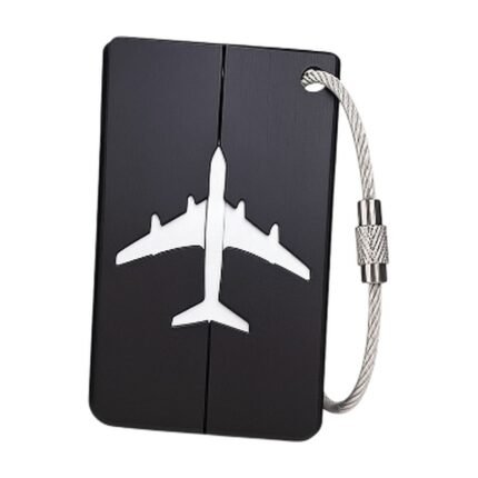 Luggage Tag in Dark Blue, Purple, Orange, Red and Black with Aeroplane Motif and Secure Attachment