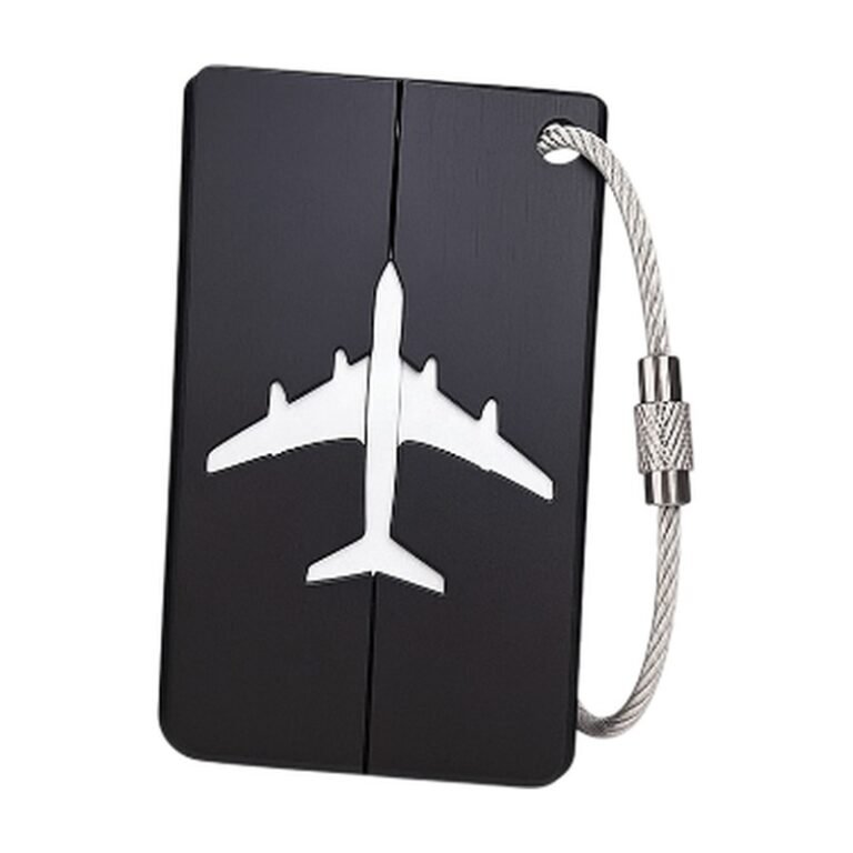 Luggage Tag in Dark Blue, Purple, Orange, Red and Black with Aeroplane Motif and Secure Attachment