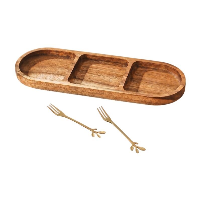 Serving Tray in Acacia Wood with Three Compartments for Divided Serving of Snacks and Cakes