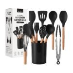 Silicone Kitchen Utensils Set in Black, Green and Red with Holder for Cooking and Baking