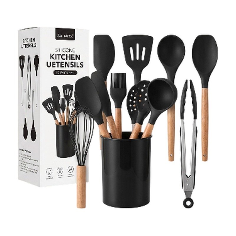 Silicone Kitchen Utensils Set in Black, Green and Red with Holder for Cooking and Baking