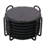Slate Coasters with Steel Holder in Dark Grey – Protects Against Scratches and Heat for Modern Table Setting