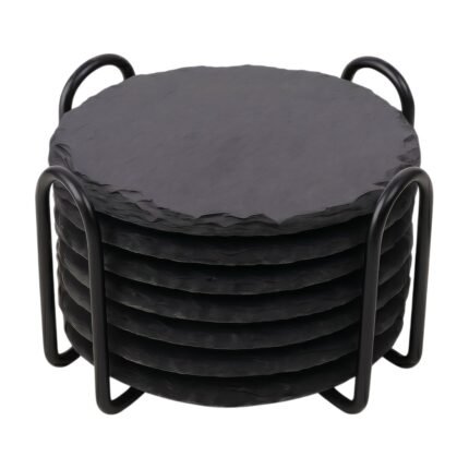 Slate Coasters with Steel Holder in Dark Grey – Protects Against Scratches and Heat for Modern Table Setting