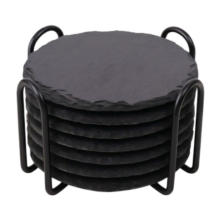 Slate Coasters with Steel Holder in Dark Grey – Protects Against Scratches and Heat for Modern Table Setting