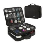 Travel Organiser for Electronics in Black, Grey and Pink with Multiple Compartments and Elastic Holders for Cables