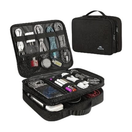 Travel Organiser for Electronics in Black, Grey and Pink with Multiple Compartments and Elastic Holders for Cables