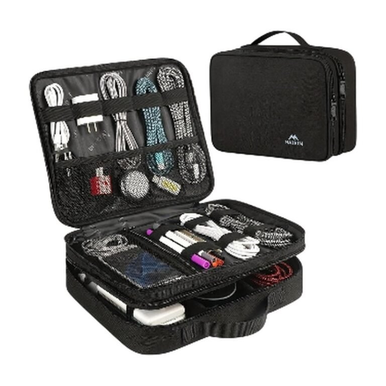 Travel Organiser for Electronics in Black, Grey and Pink with Multiple Compartments and Elastic Holders for Cables