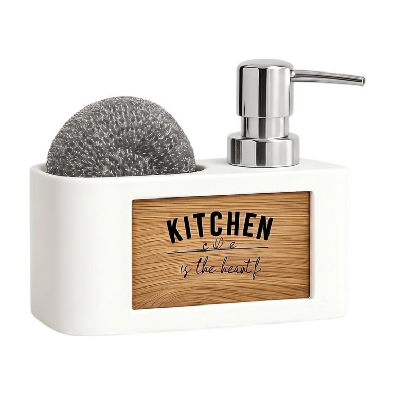 Sponge Holder with Soap Dispenser in White and Black for Organised Storage and Tidy Washing at the Kitchen Sink