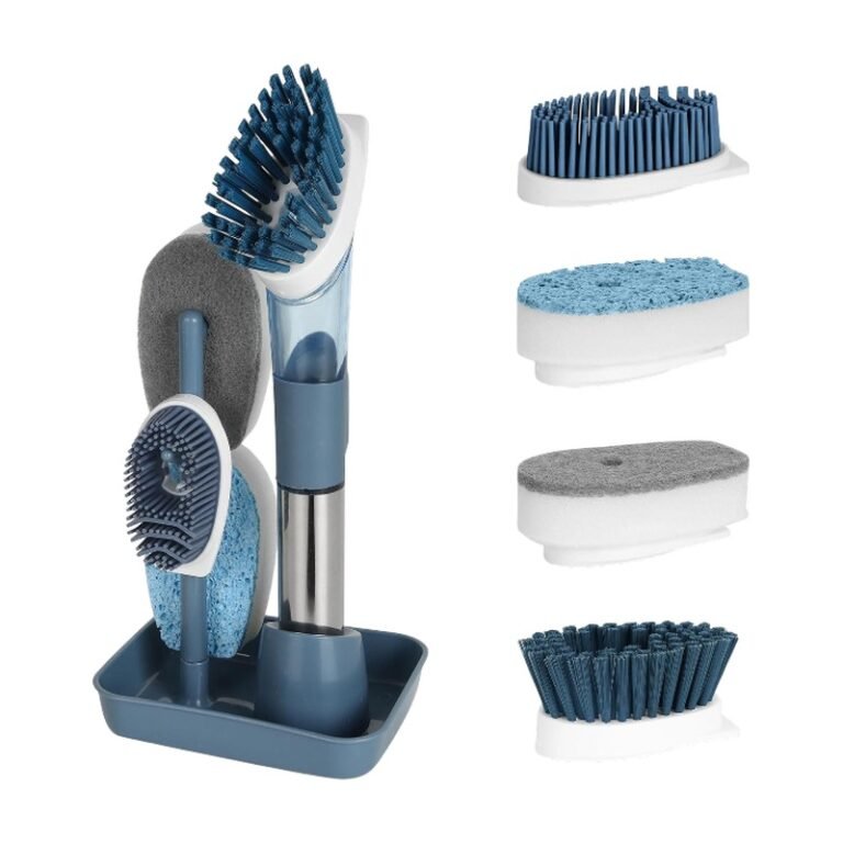 Silicone Dish Brush with Soap Dispenser with Holder and Replaceable Cleaning Heads for the Kitchen