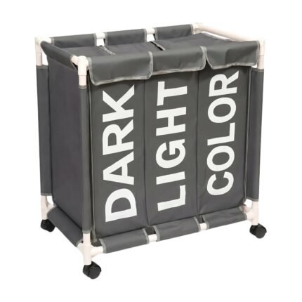 Laundry Basket with Three Compartments with Lid and Wheels for Easy Sorting of Light, Dark and Coloured Laundry at Home