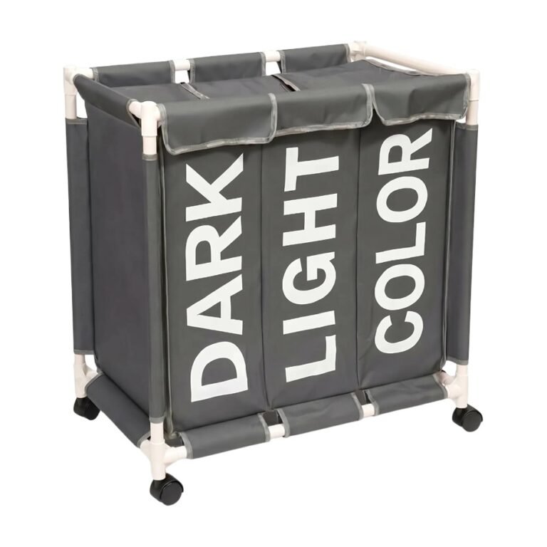 Laundry Basket with Three Compartments with Lid and Wheels for Easy Sorting of Light, Dark and Coloured Laundry at Home