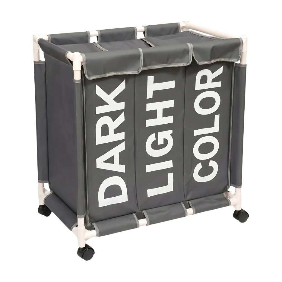 Laundry Basket with Three Compartments with Lid and Wheels for Easy Sorting of Light, Dark and Coloured Laundry at Home Laundry Basket with Three Compartments with Lid and Wheels for Easy Sorting of Light, Dark and Coloured Laundry at Home