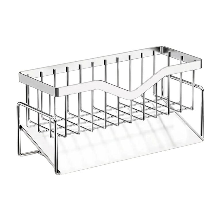 Sponge Holder for Sink in Stainless Steel with Open Basket and Drip Tray for Organised Storage