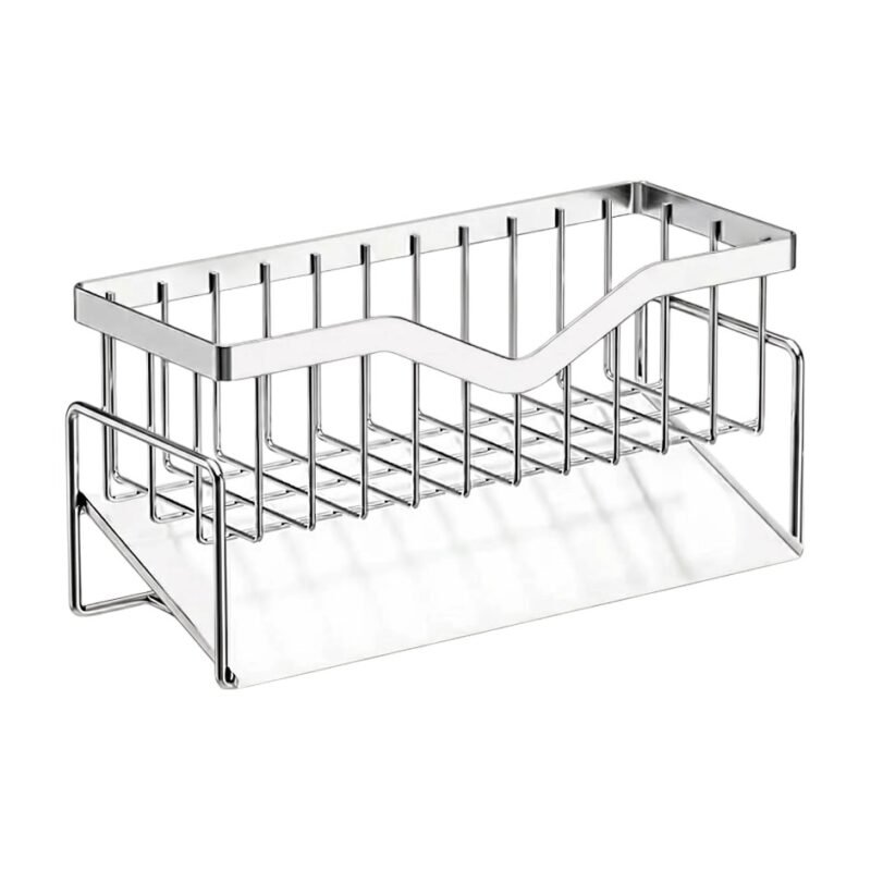 Sponge Holder for Sink in Stainless Steel with Open Basket and Drip Tray for Organised Storage