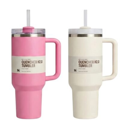 Thermal Mug in White and Pink with Lid, Straw and Long Heat and Cold Retention for on the Go