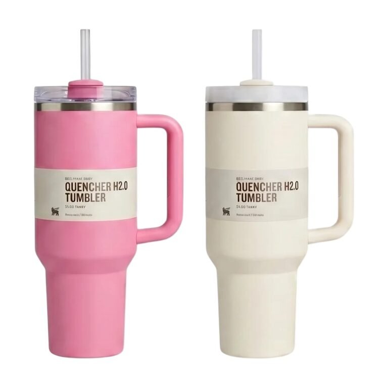Thermal Mug in White and Pink with Lid, Straw and Long Heat and Cold Retention for on the Go