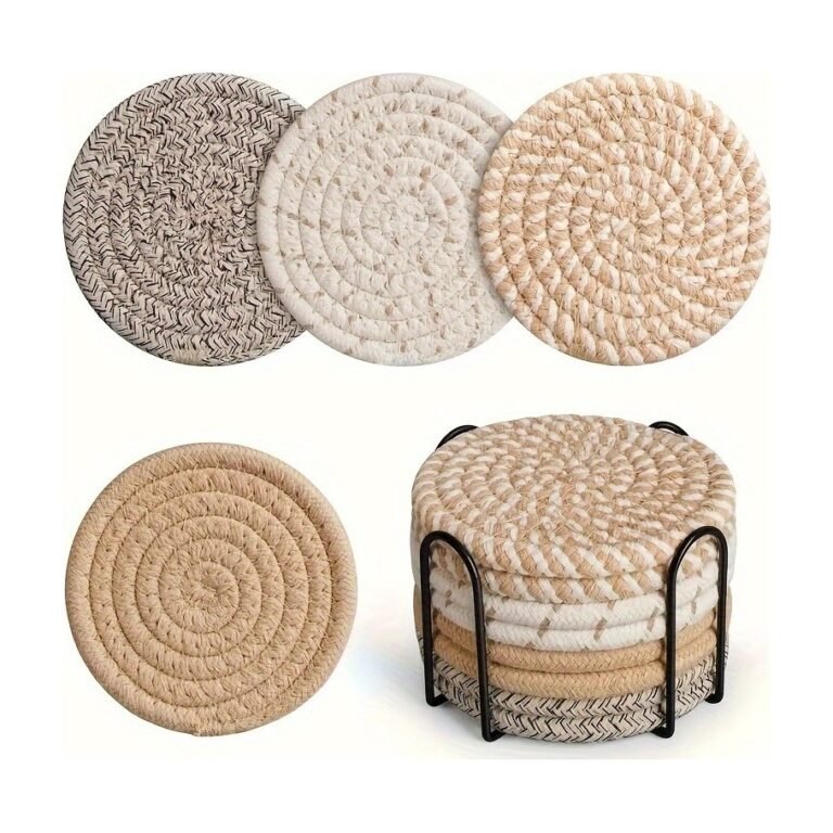 Woven Coasters in Cotton with Metal Holder – 8 Pcs.