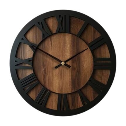 Silent Round Wall Clock in Wood with Roman Numerals