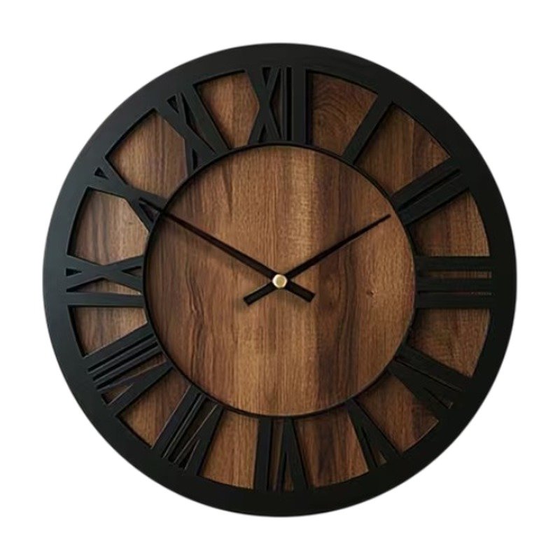 Silent Round Wall Clock in Wood 46 Cm with Roman Numerals Silent Round Wall Clock in Wood with Roman Numerals