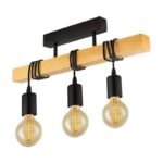 Wooden Ceiling Light with Black Metal and 3 E27 Sockets