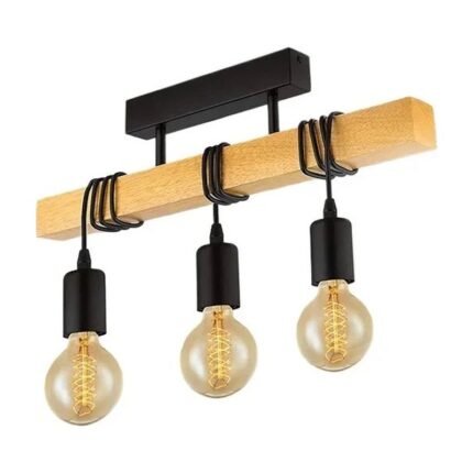 Wooden Ceiling Light with Black Metal and 3 E27 Sockets