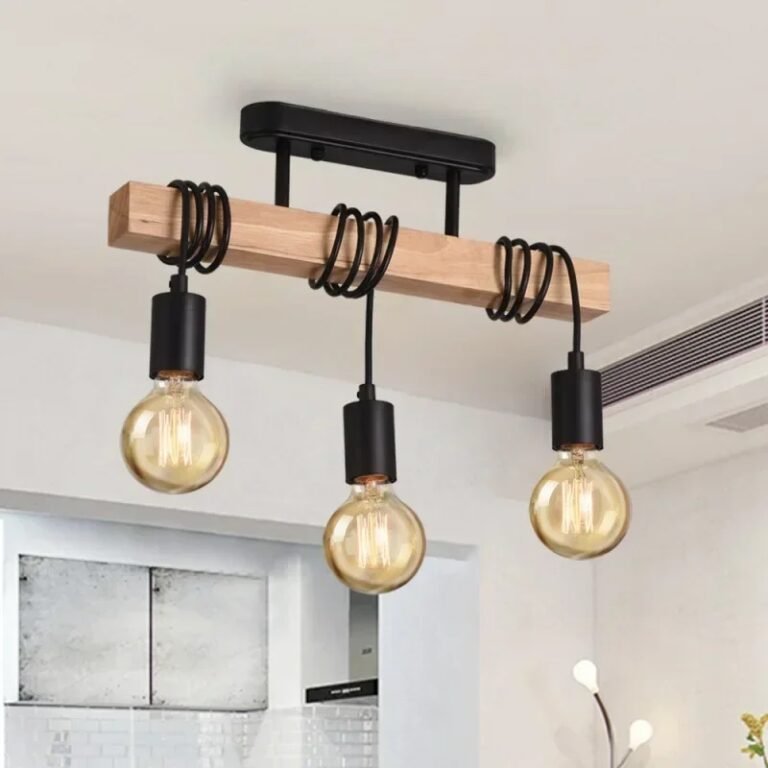 Wooden beam ceiling light with three pendants in a kitchen
