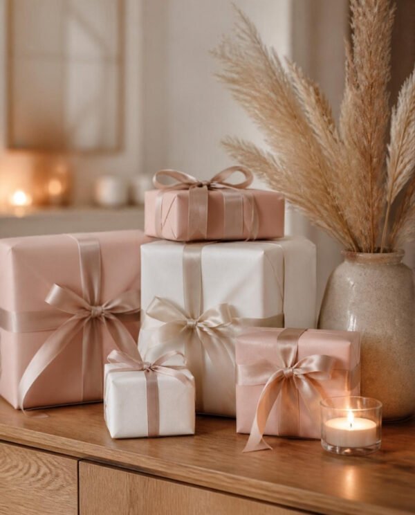 Wrapped gifts in a cosy home