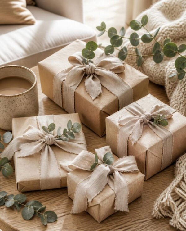 Wrapped gifts in a cosy home