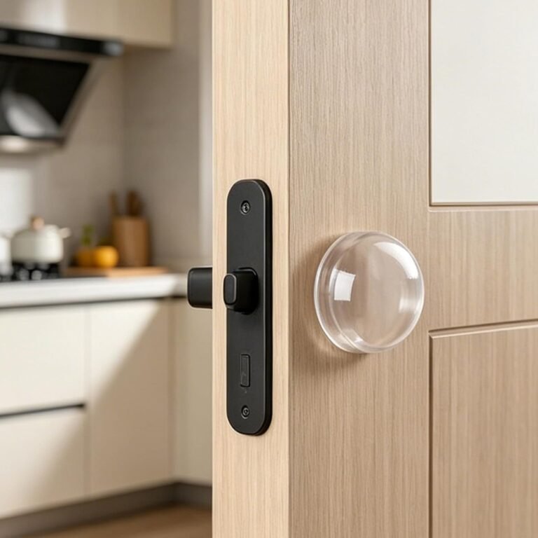 Clear round silicone door stopper on a wooden door next to the latch