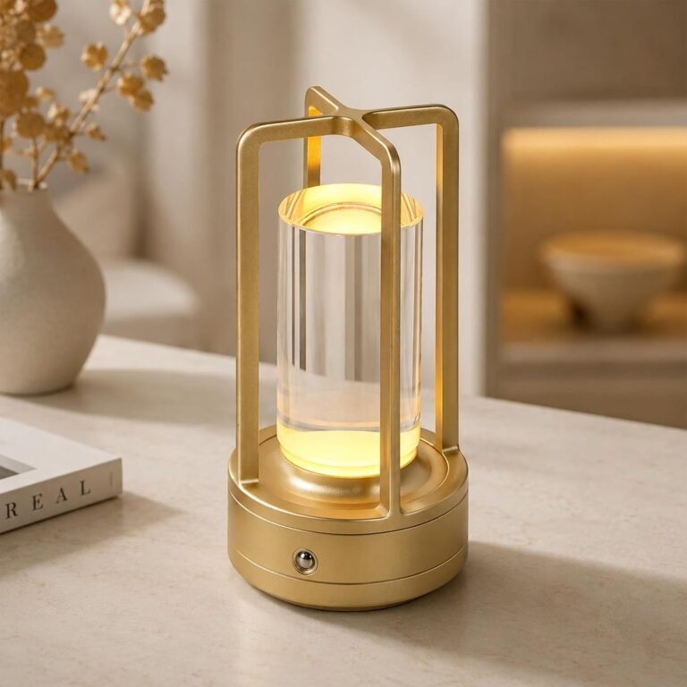 Gold cordless lantern table lamp glowing on a side table