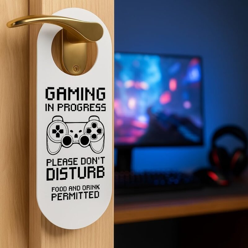 Gaming in progress door hanger on a door handle with a gaming setup behind