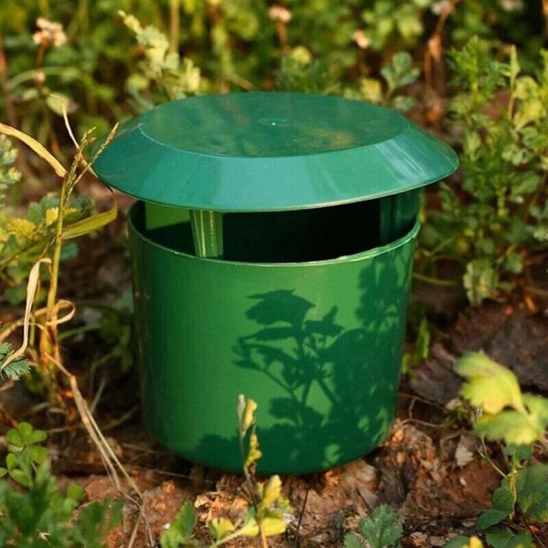 Green slug trap with lid placed in a garden bed