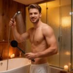 Black silicone back scrubber held in a bathroom shower