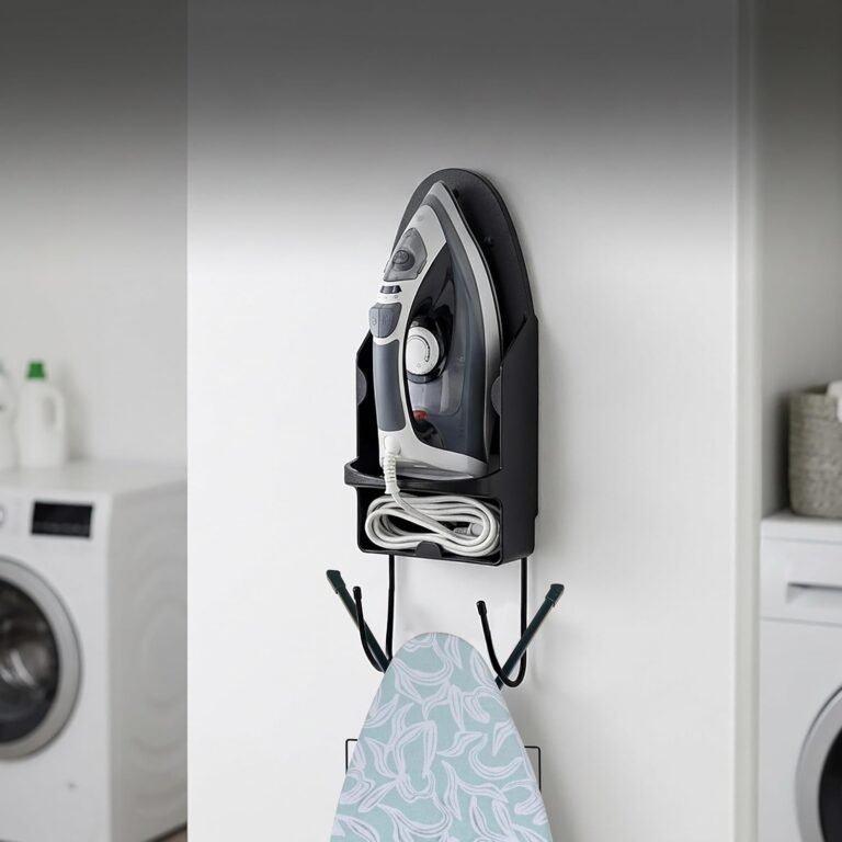 Wall-Mounted Ironing Board Holder in White and Black in use