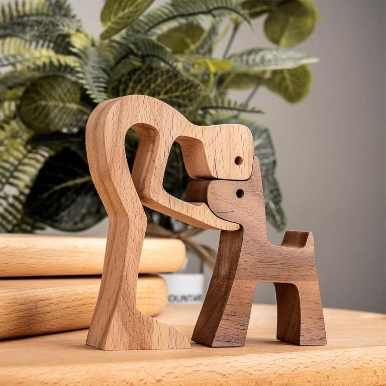 Wooden Figurine of a Person and Dog in a Loving Embrace in use
