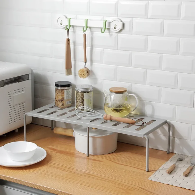 Folding Kitchen Shelf in Beige and White in use at home