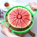 Green watermelon slicer cutting a melon on a chopping board