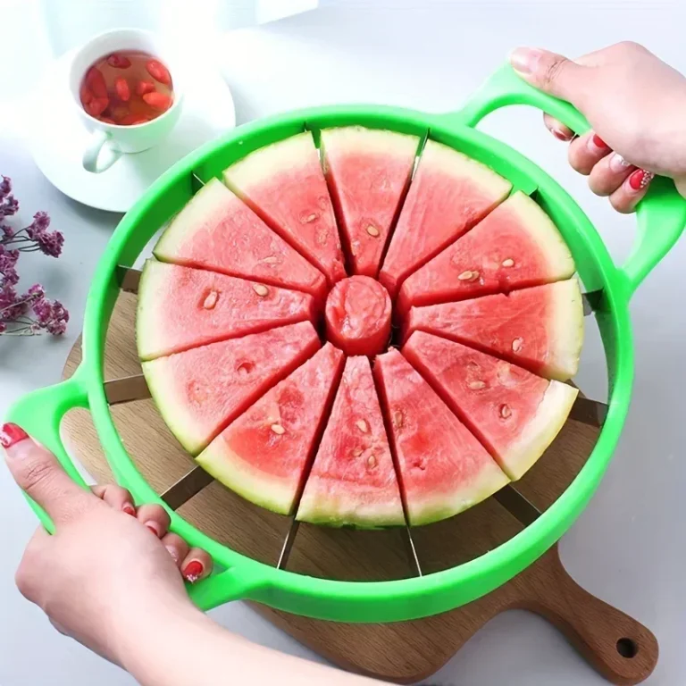 Green watermelon slicer cutting a melon on a chopping board