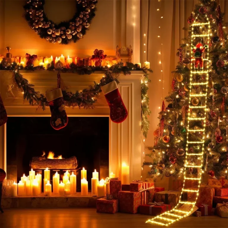 Christmas ladder light with climbing Santa beside a fireplace
