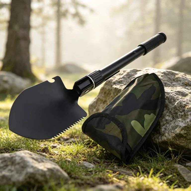 Black folding shovel with camouflage case on a rock in the forest